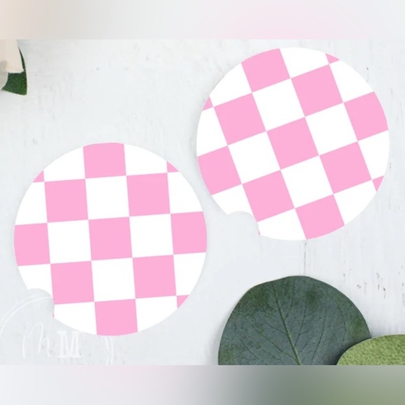 Car Coasters, Set of 2 Car Floral, Boho Trendy Coasters: Pink Checker - Picture 1 of 4